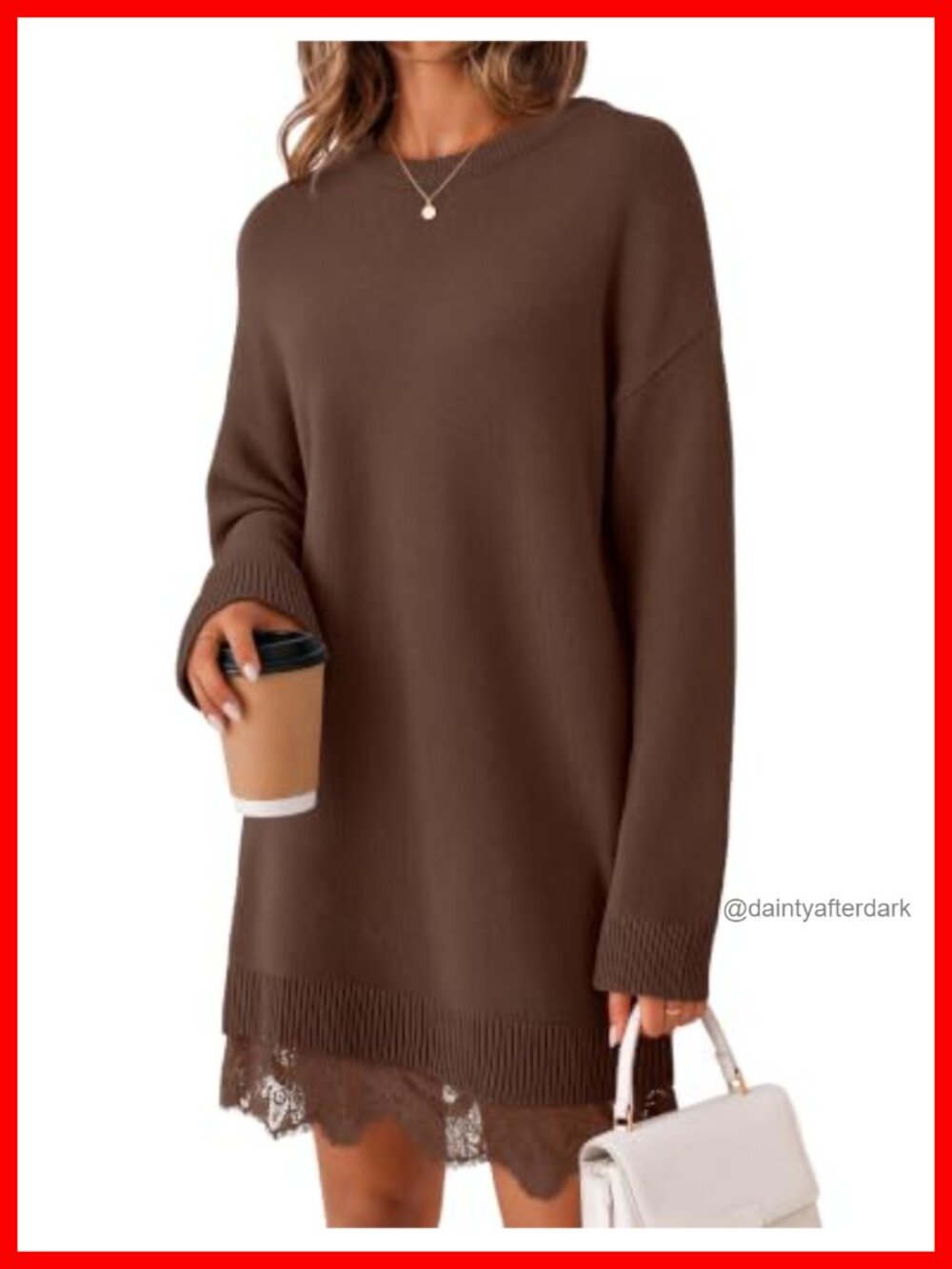 Long Sleeve Lace Hem Oversized Knit Sweater Dress Casual Mini